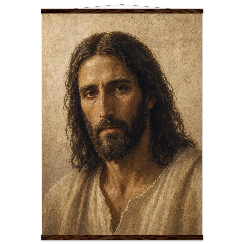 Pôster Kind Eyes com suporte de madeira, retrato sereno de Jesus em luz quente