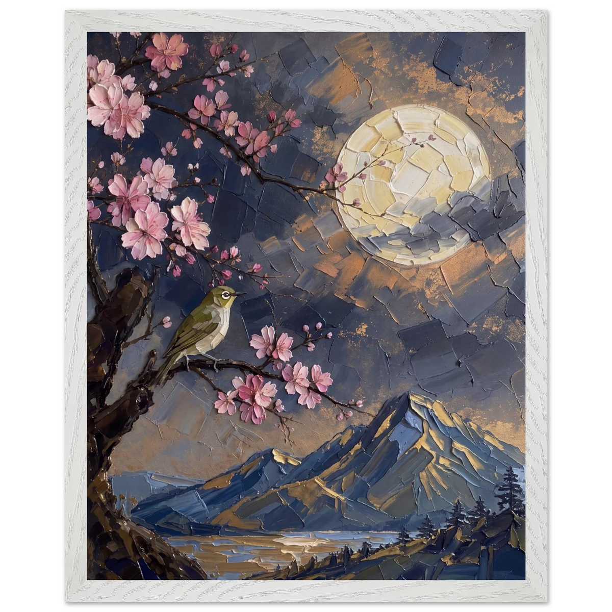 Blossom Moon: cherry blossom, japanese landscape and night. Framed fine art print by The Light Stays.