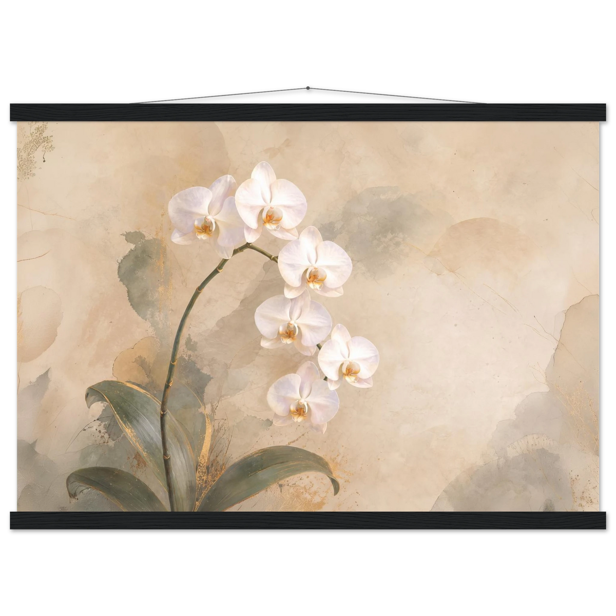 Orchid Luminance: botanical, pale gold and floral art. Fine art poster with wooden hanger by The Light Stays.