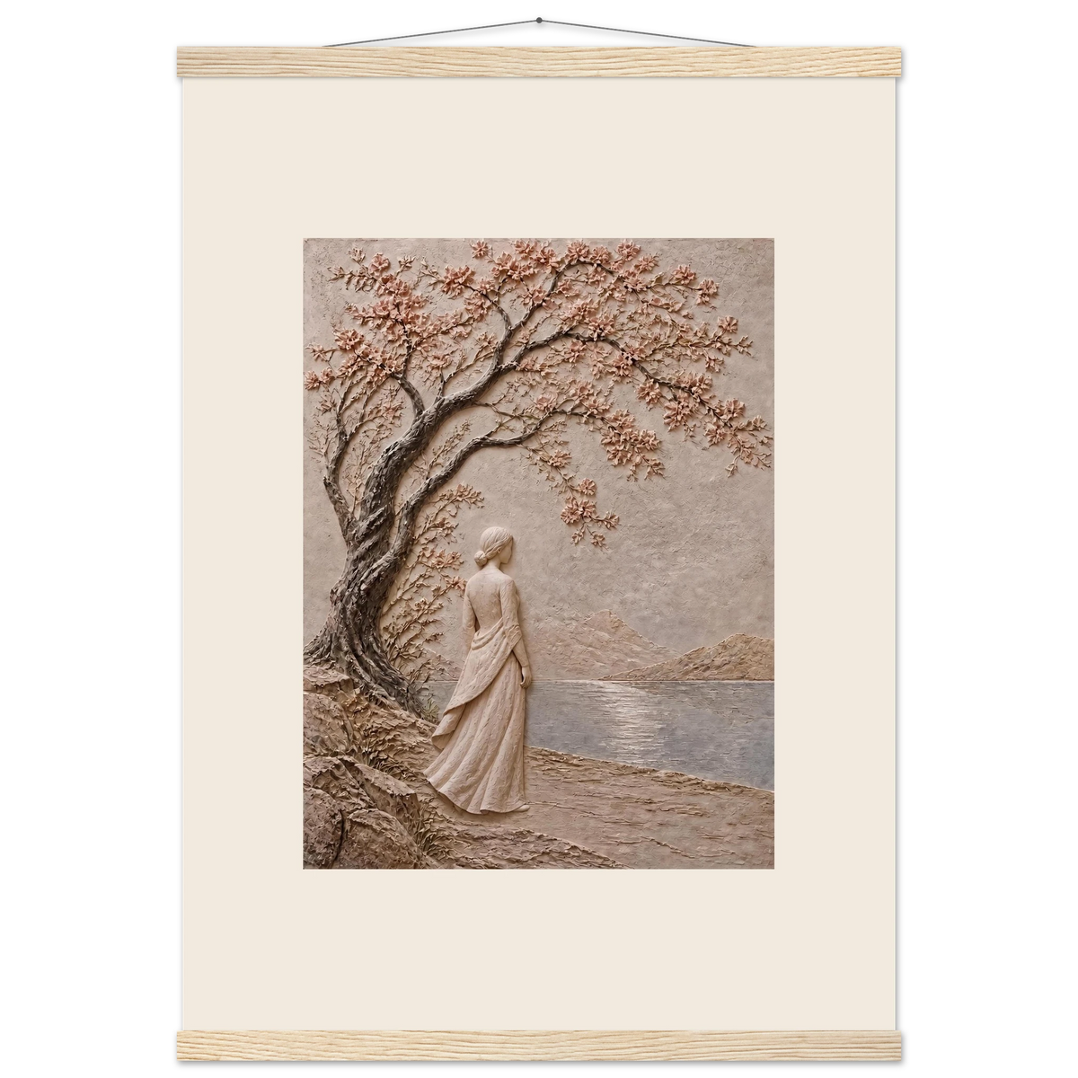Spring Walk, impasto, lake and blossoming tree. Archival fine art poster shown framed.