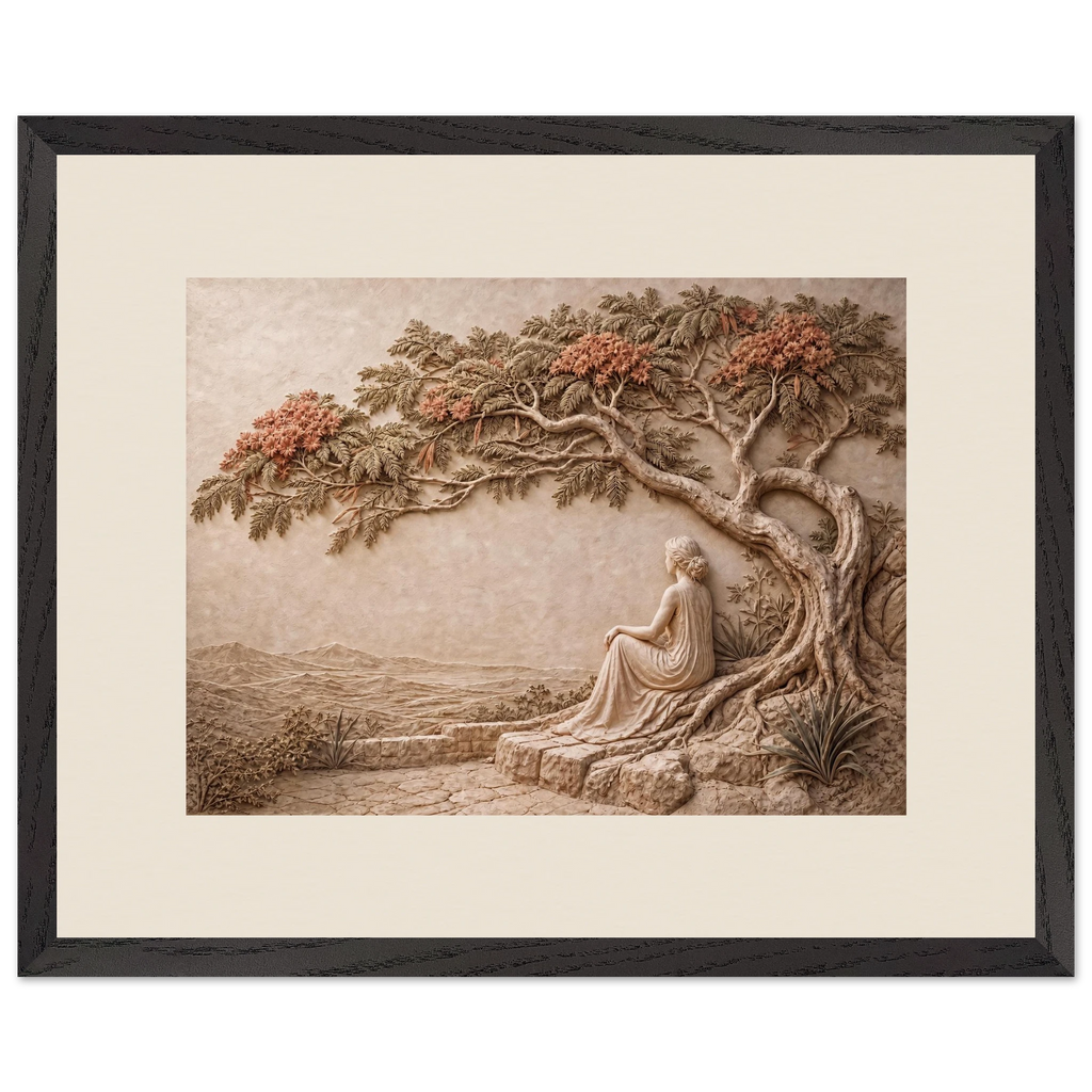 Under the Blossoms, impasto, figure and blossoming canopy. Archival framed fine art print shown framed.