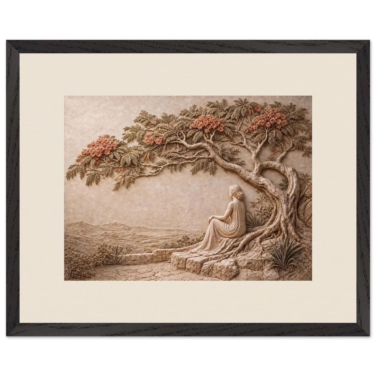 Under the Blossoms, impasto, figure and blossoming canopy. Archival framed fine art print shown framed.