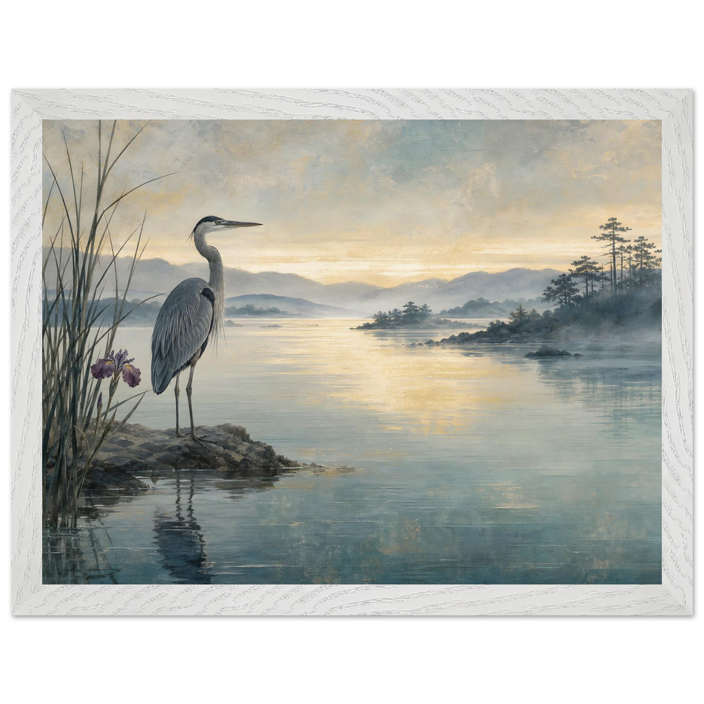 Heron at Dawn: japanese art and japandi. Museum-quality framed fine art print.