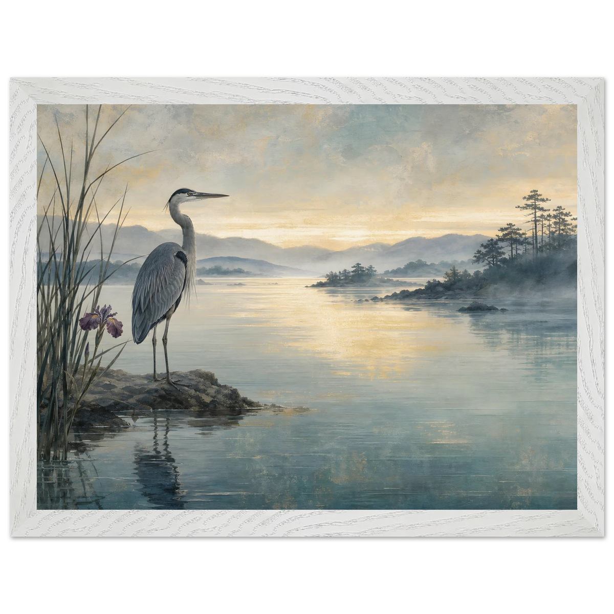 Heron at Dawn: japanese art and japandi. Museum-quality framed fine art print.