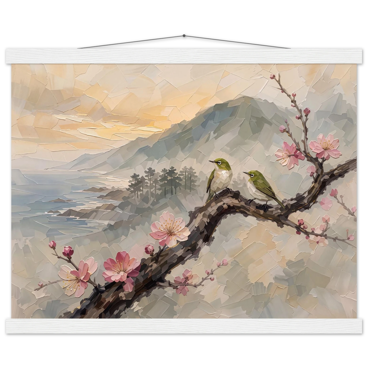 Plum Branch Pair: birds, japanese landscape and japandi. Fine art poster with wooden hanger by The Light Stays.