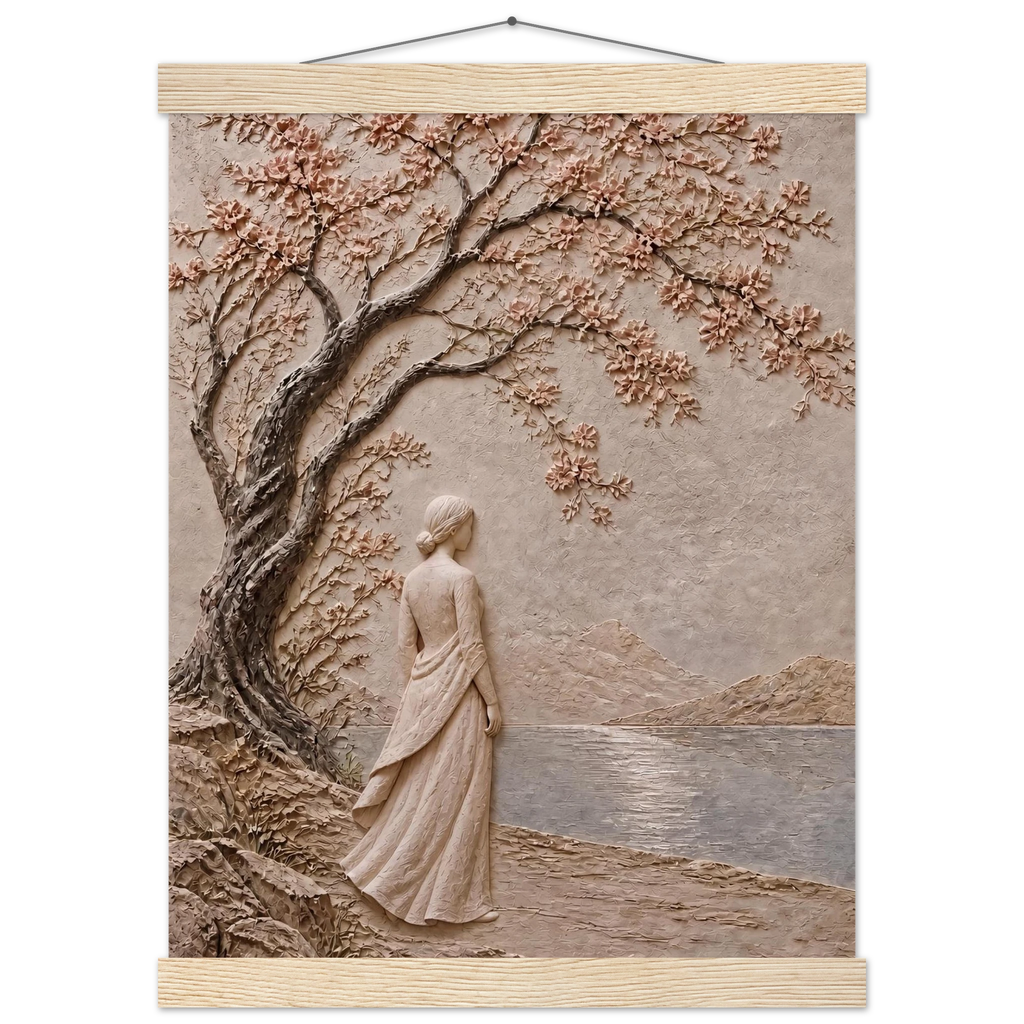 Spring Walk: impasto, lake and blossoming tree. Fine art poster by The Light Stays.