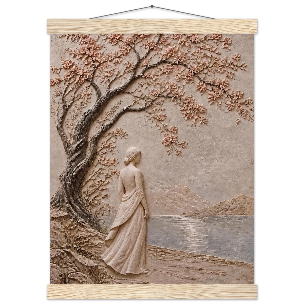 Spring Walk: impasto, lake and blossoming tree. Fine art poster by The Light Stays.