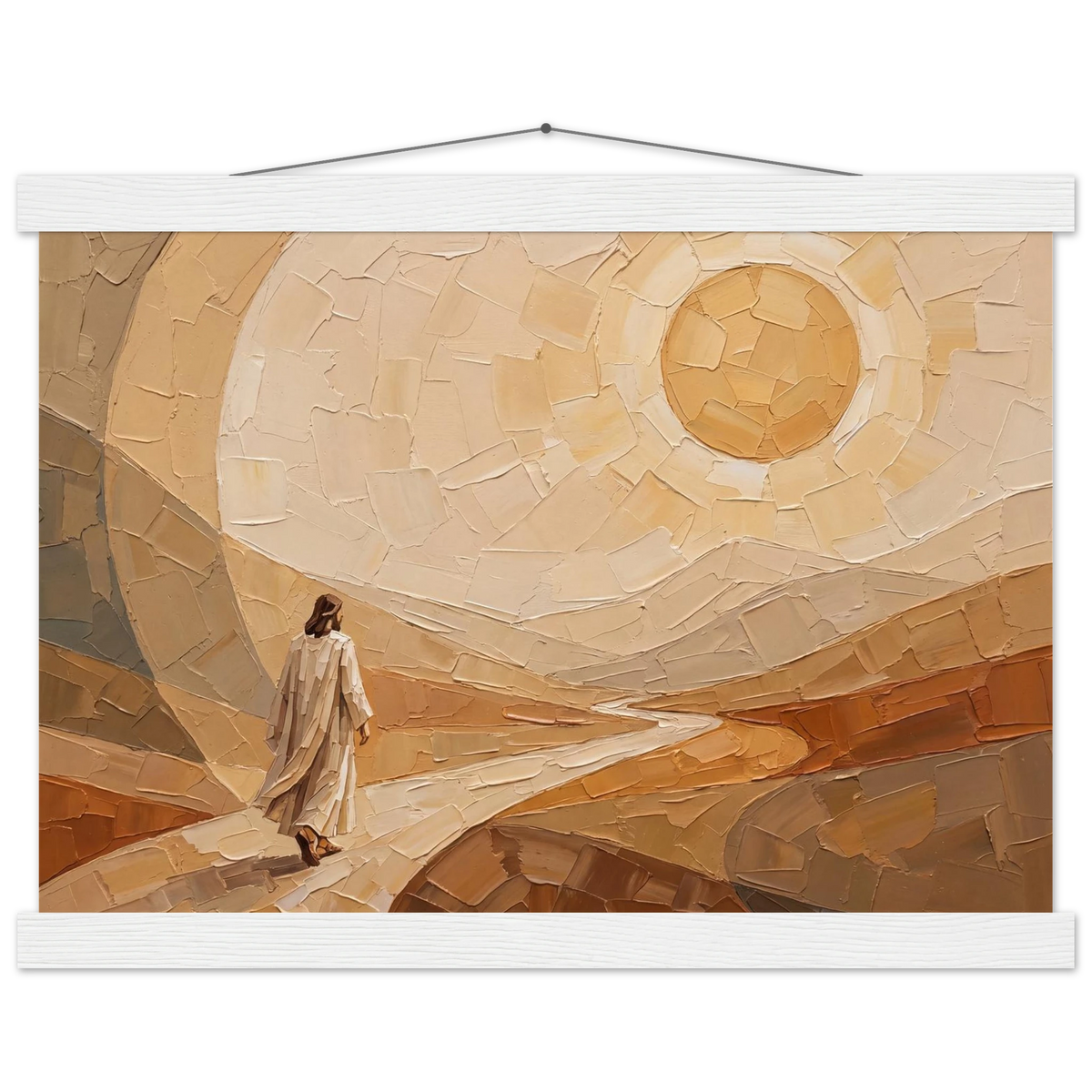 Lightfall: jesus, landscape and golden tones. Fine art poster with wooden hanger by The Light Stays.