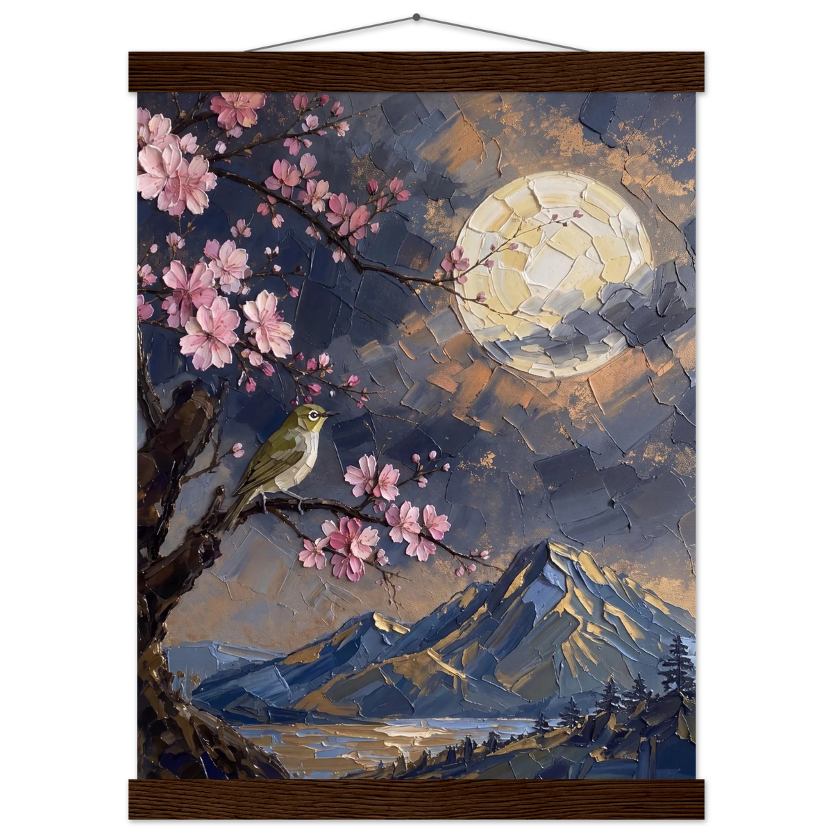 Blossom Moon: cherry blossom, japanese landscape and night. Fine art poster with wooden hanger by The Light Stays.