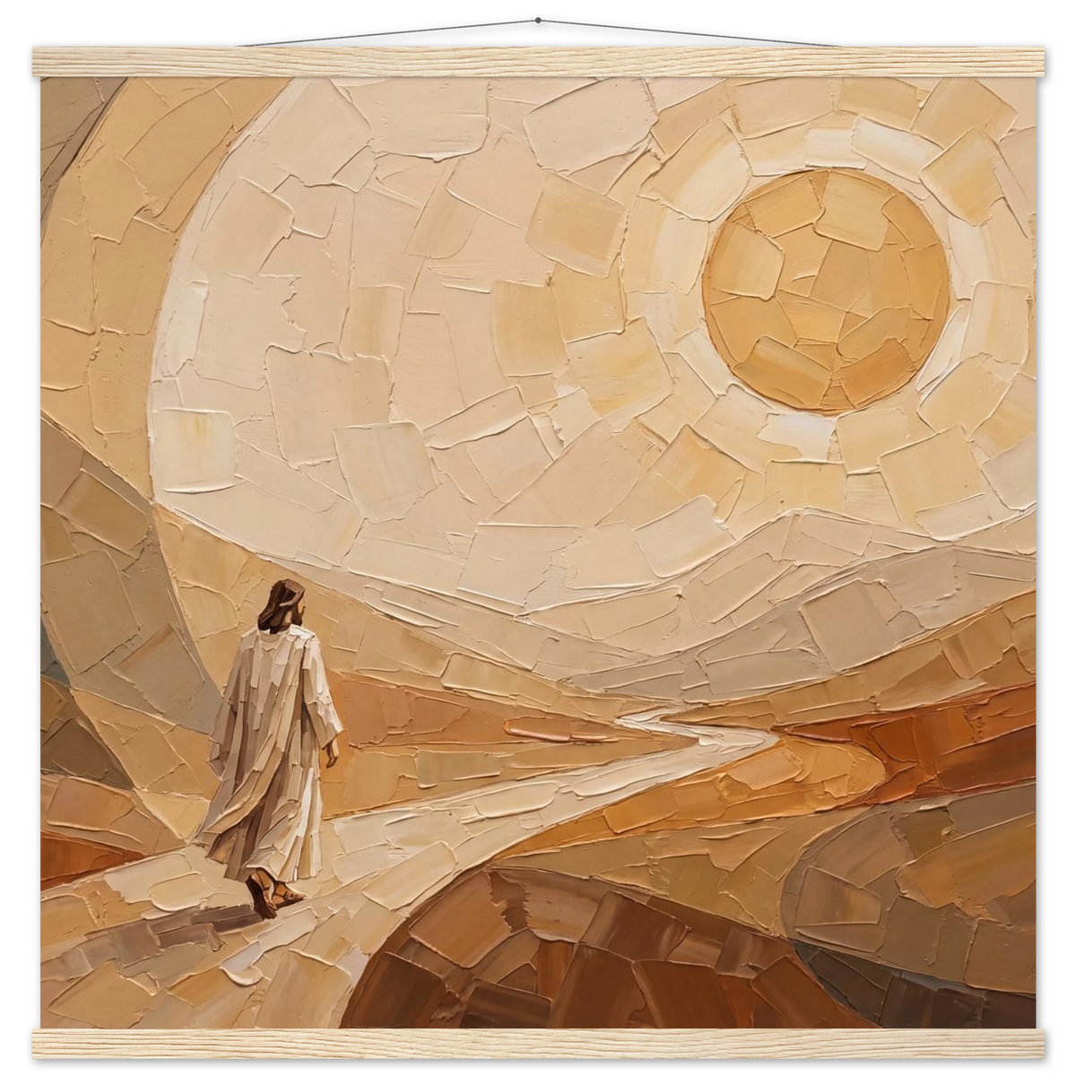 Lightfall: jesus, landscape and golden tones. Fine art poster with wooden hanger by The Light Stays.