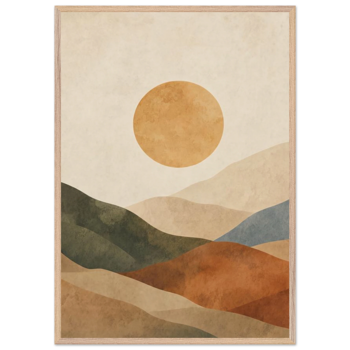 Kindled Earth: sun, hills and ochre palette. Framed fine art print by The Light Stays.