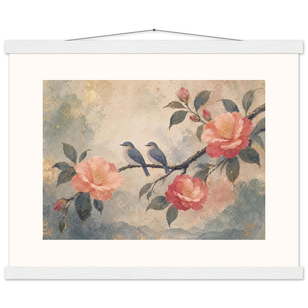 Camellia Birds, flowers and botanical. Archival fine art poster shown framed.