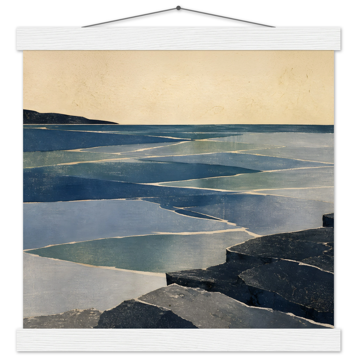 Indigo Tide: coastal landscape, jade water and japandi. Fine art poster with wooden hanger by The Light Stays.