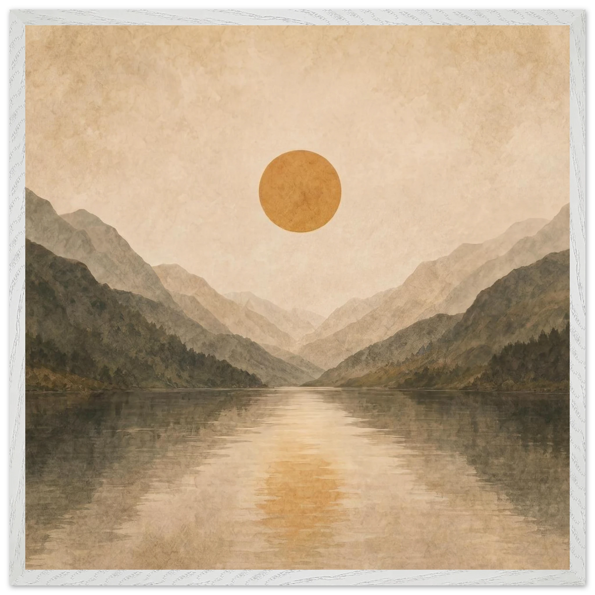 Lake Mirror: mountains, sunset and sun reflection. Framed fine art print by The Light Stays.