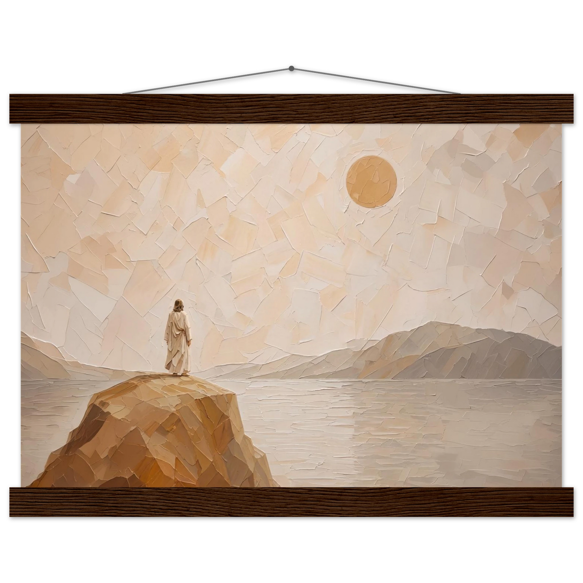Salt Shore: jesus, cliff and sea. Fine art poster with wooden hanger by The Light Stays.