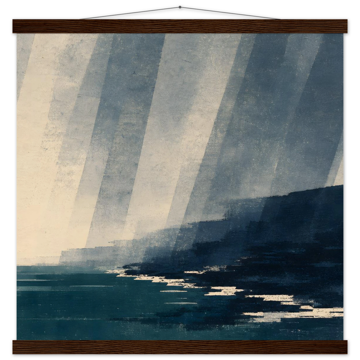 Rain Coast: japandi, teal blue and atmosphere. Fine art poster with wooden hanger by The Light Stays.