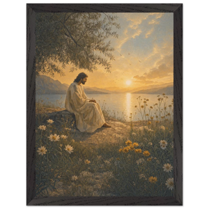 Pintura de Jesus às margens de águas tranquilas sob oliveiras na luz do fim de tarde, em quadro emoldurado