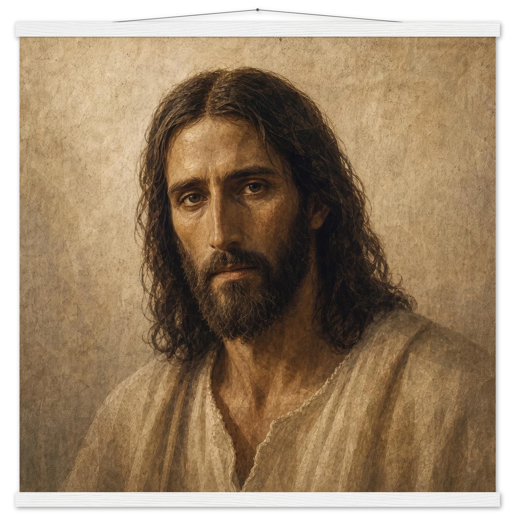 Pôster Kind Eyes com suporte de madeira, retrato sereno de Jesus em luz quente