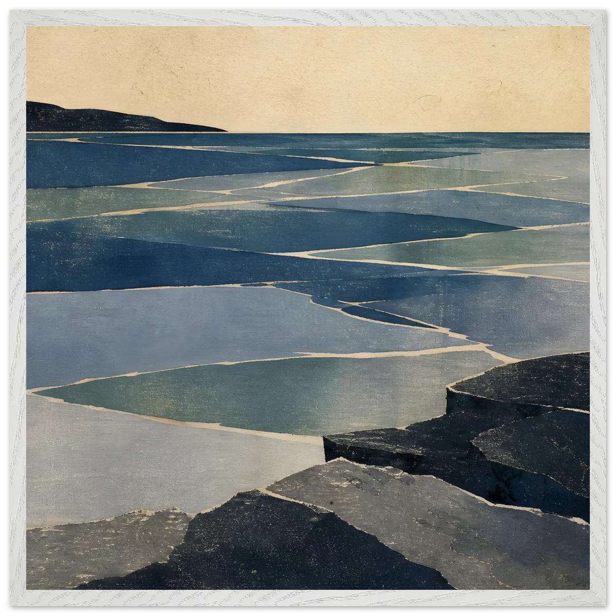Indigo Tide: coastal landscape, jade water and japandi. Framed fine art print by The Light Stays.