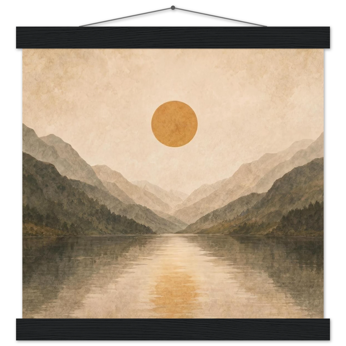 Lake Mirror: mountains, sunset and sun reflection. Fine art poster with wooden hanger by The Light Stays.