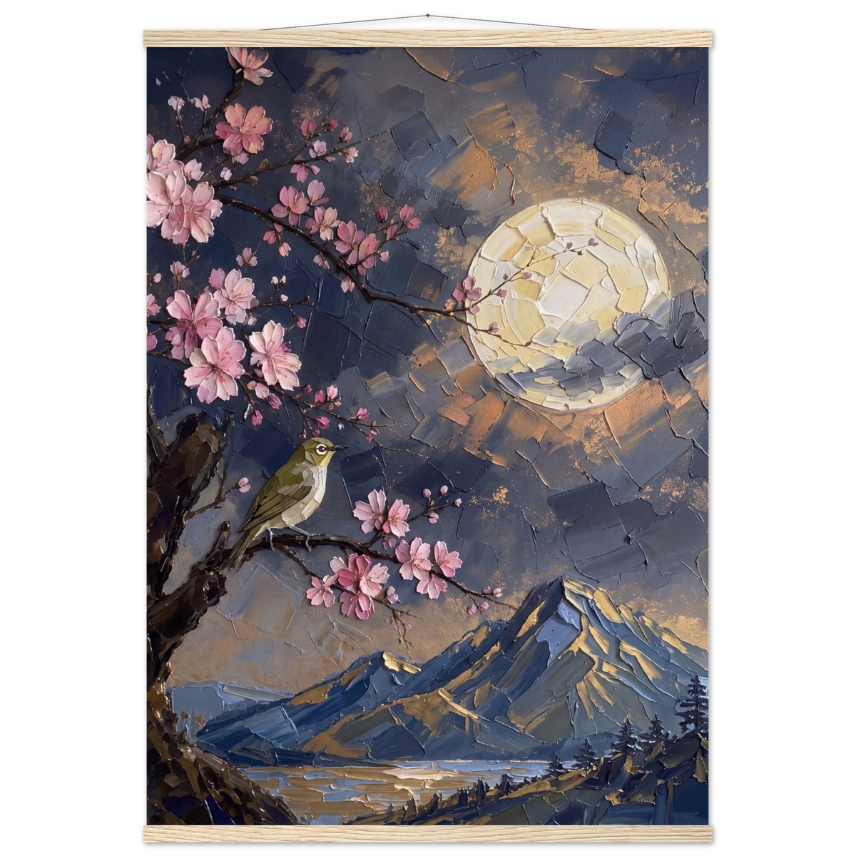 Blossom Moon: cherry blossom, japanese landscape and night. Fine art poster with wooden hanger by The Light Stays.