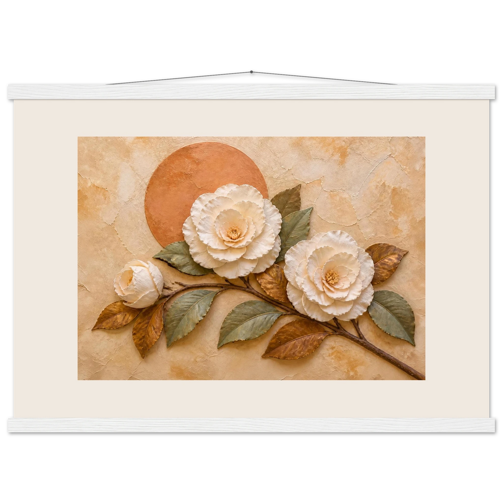 Camellia Eclipse, flowers and botanical. Archival fine art poster shown framed.