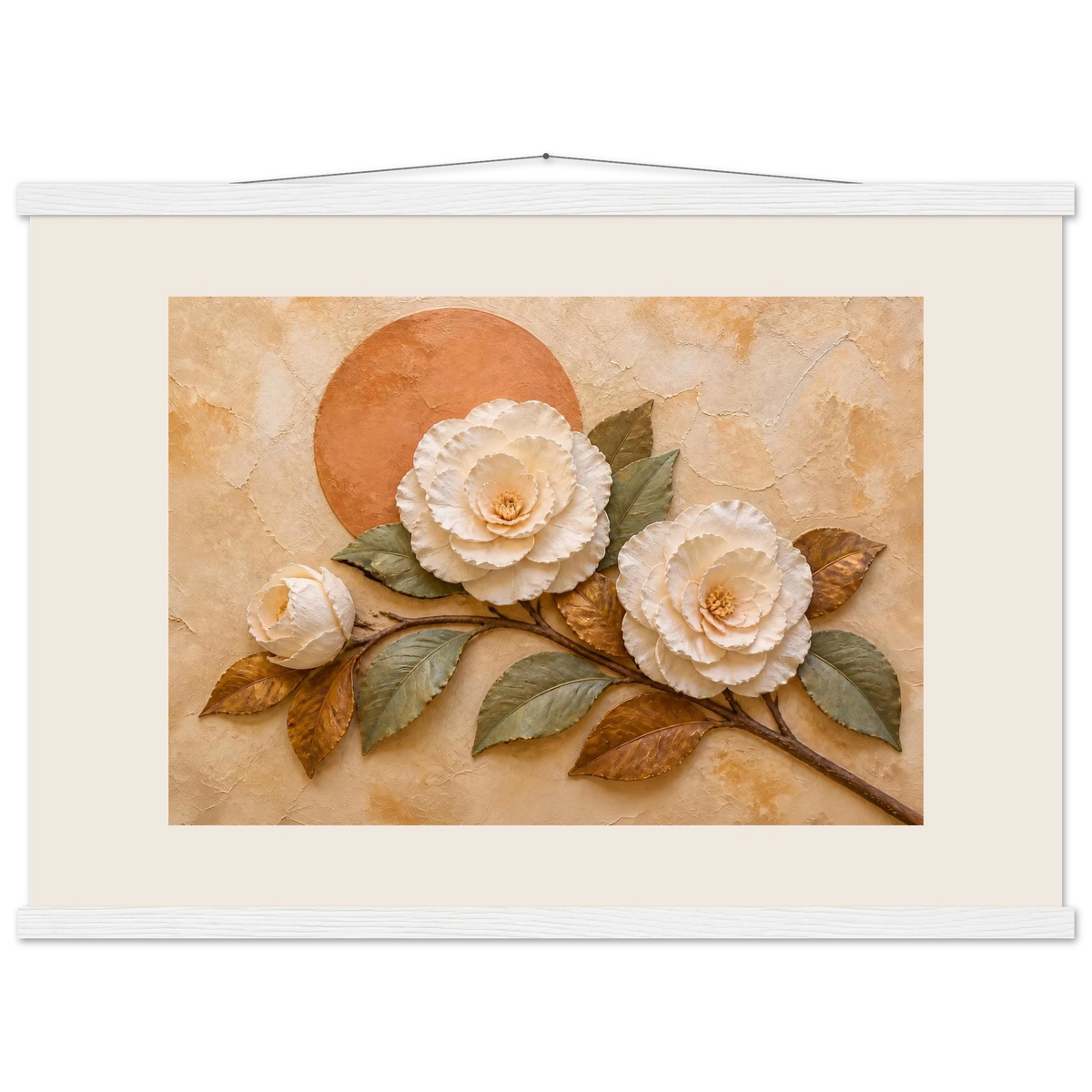 Camellia Eclipse, flowers and botanical. Archival fine art poster shown framed.