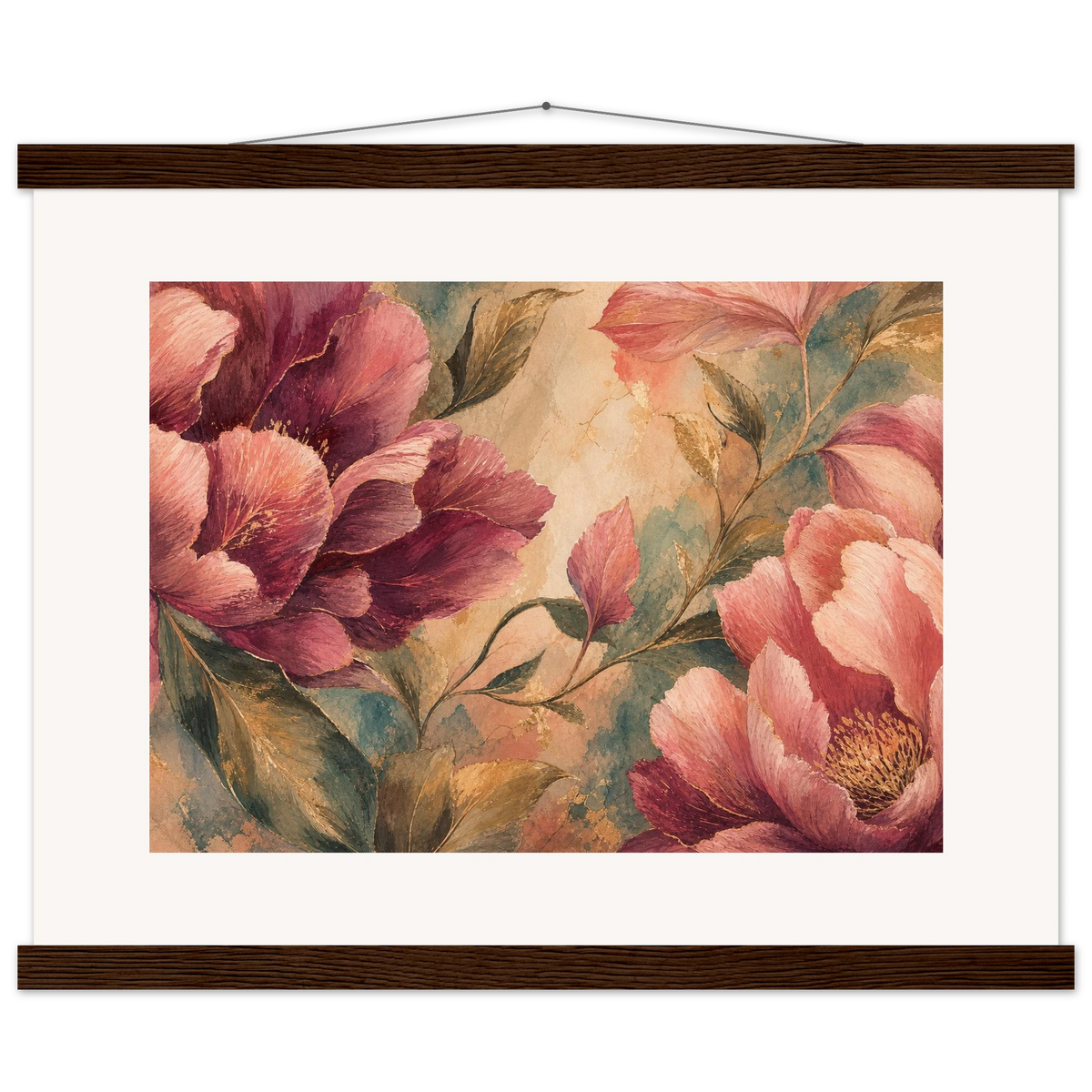 Crimson Peonies, flowers and botanical. Archival fine art poster shown framed.