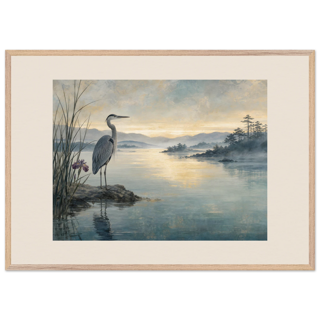 Heron at Dawn, japanese art and japandi. Archival framed fine art print shown framed.