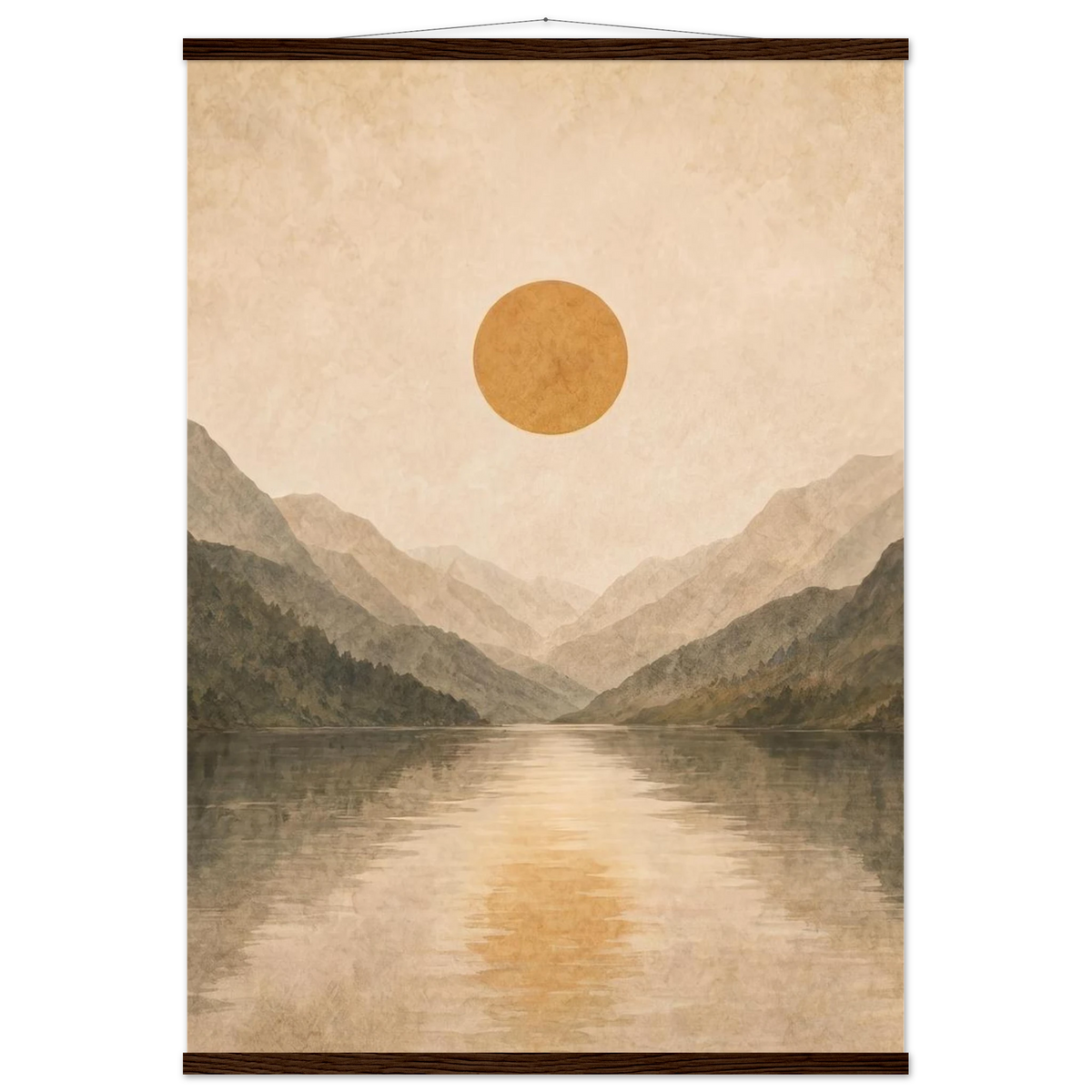 Lake Mirror: mountains, sunset and sun reflection. Fine art poster with wooden hanger by The Light Stays.