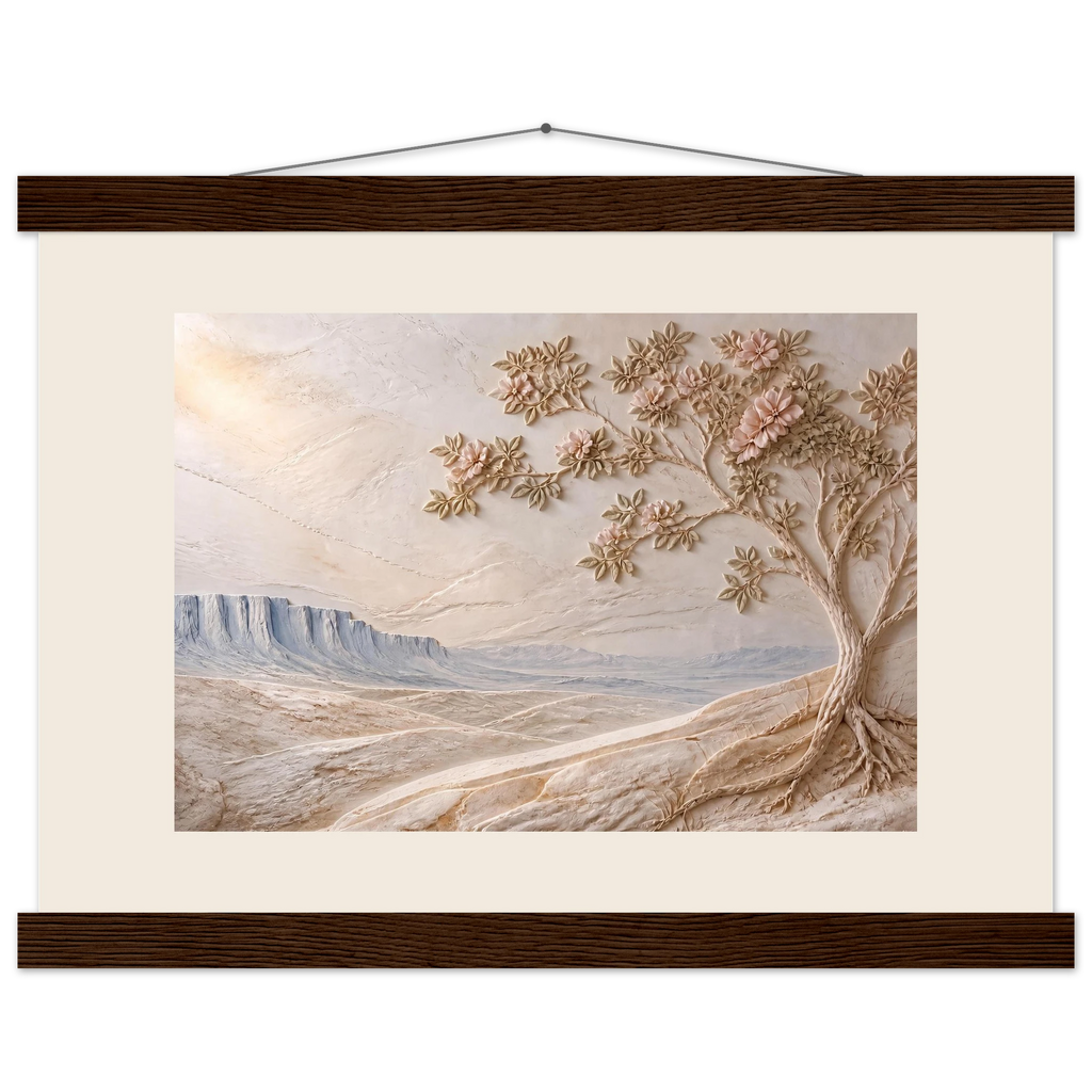 Cliffside Bloom: petra and flora. Fine art poster, alternate frame and size.