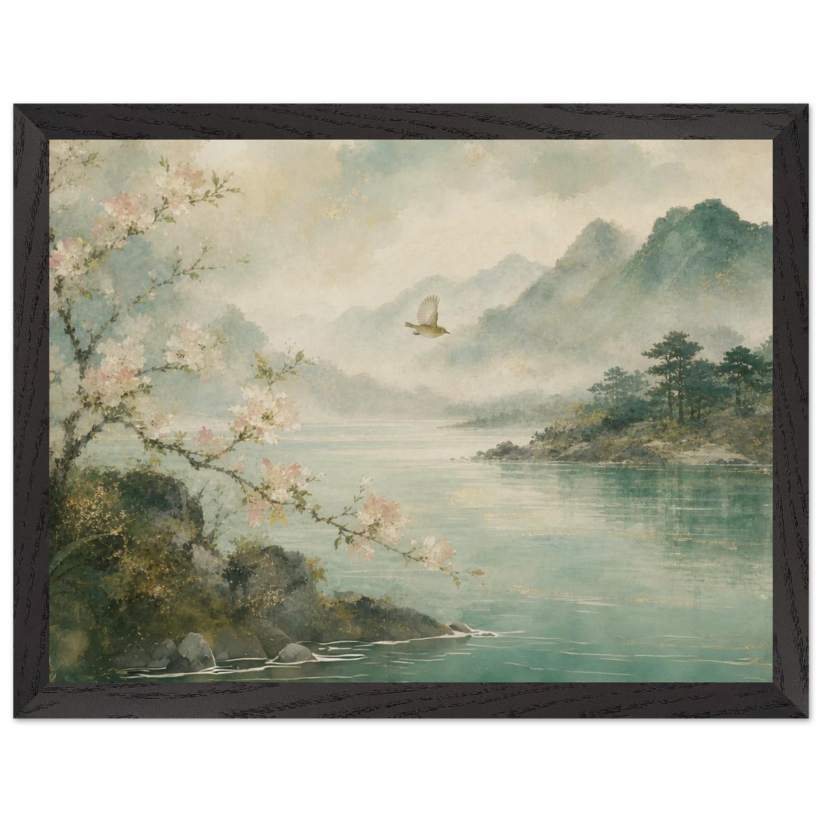 Celadon Flight: birds, japanese landscape and japandi. Framed fine art print by The Light Stays.