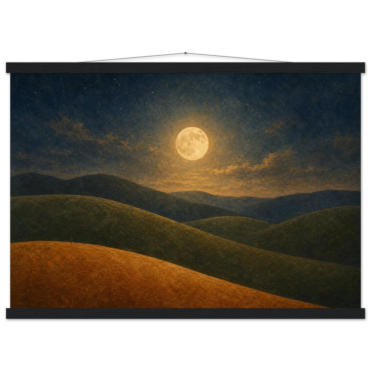Moon Hills: night, minimalist landscape and charcoal. Fine art poster with wooden hanger by The Light Stays.