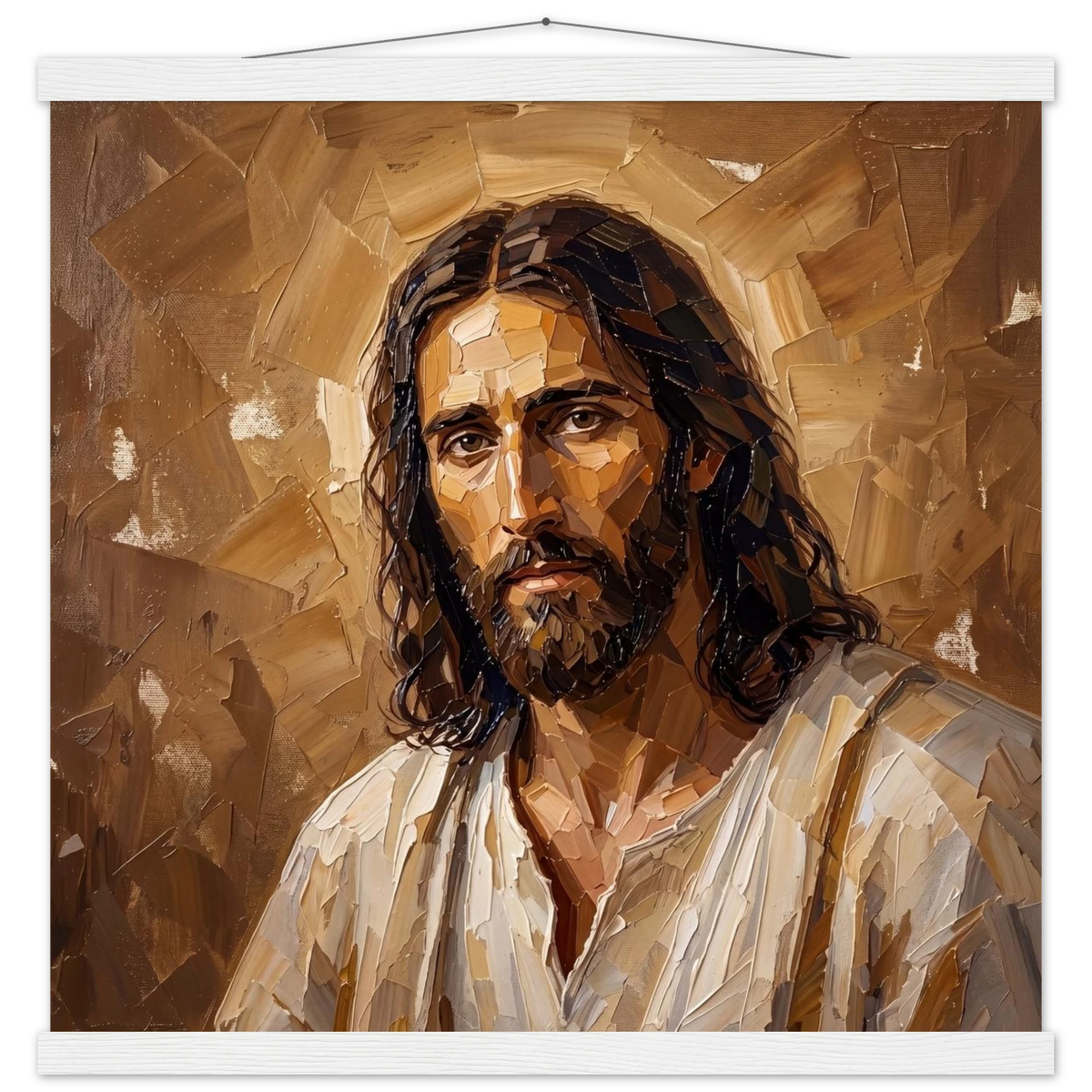 Kind Eyes: jesus, faith and serene gaze. Fine art poster with wooden hanger by The Light Stays.