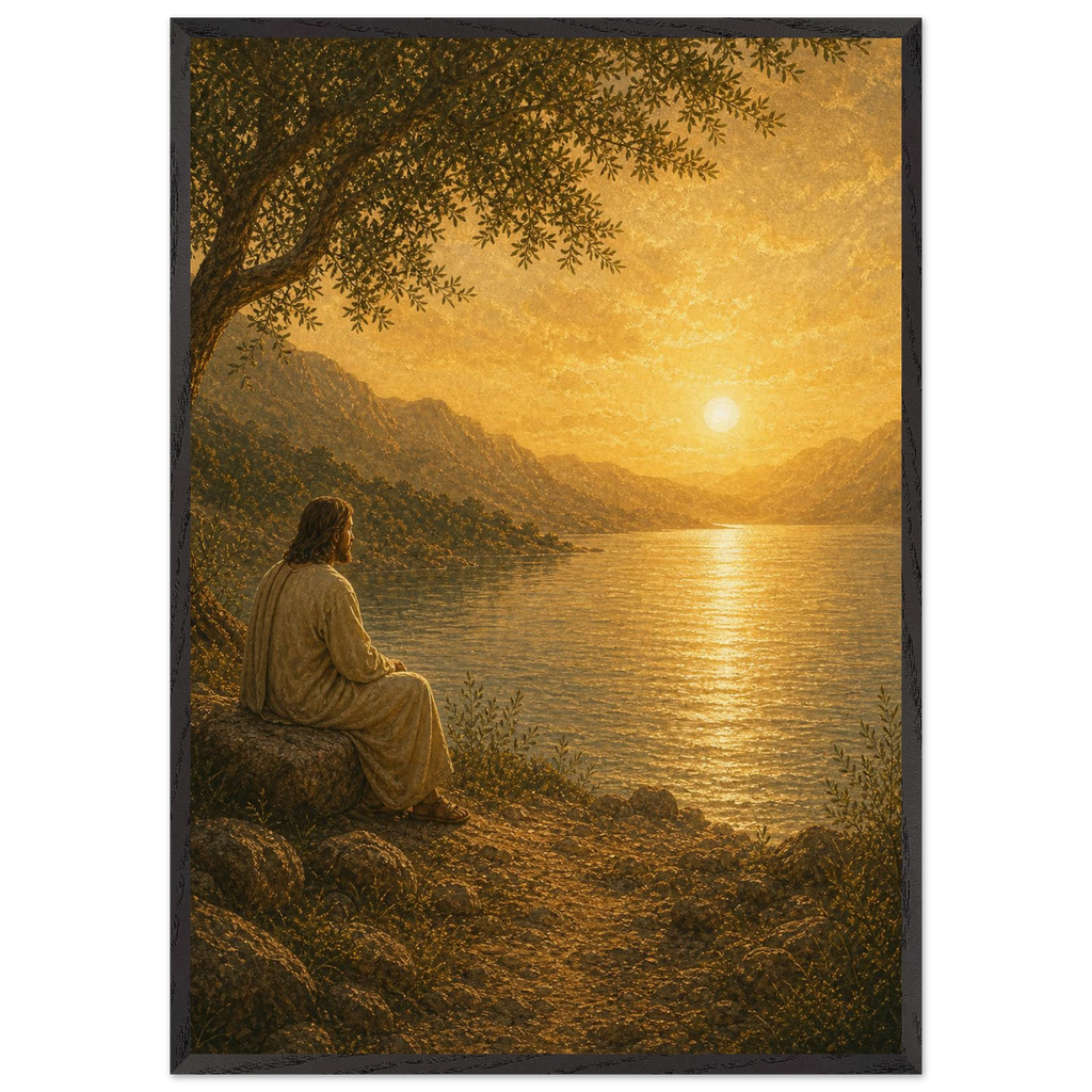 Quadro cristão Bênção do Lago, Jesus sob uma oliveira diante de um lago dourado