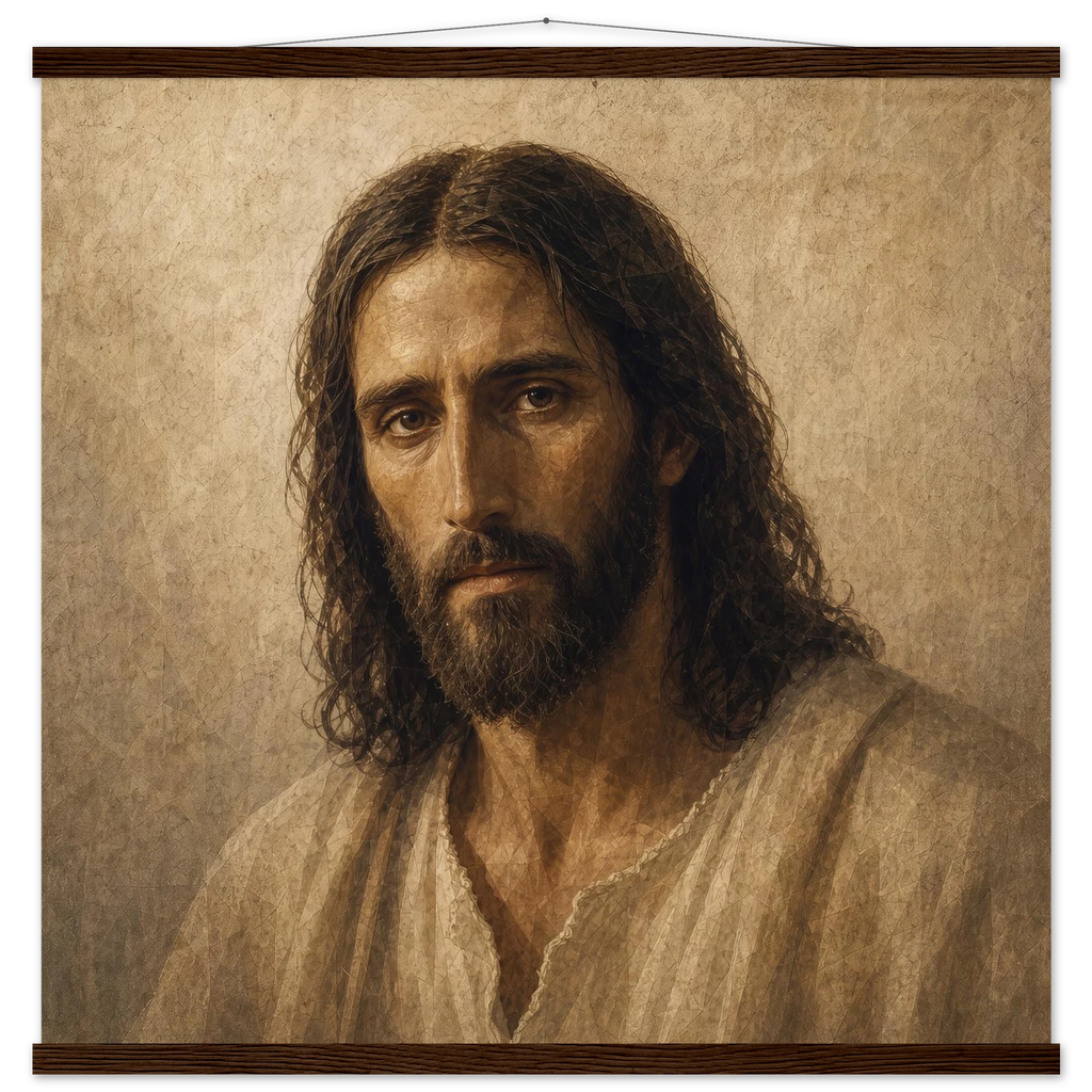 Pôster Kind Eyes com suporte de madeira, retrato sereno de Jesus em luz quente