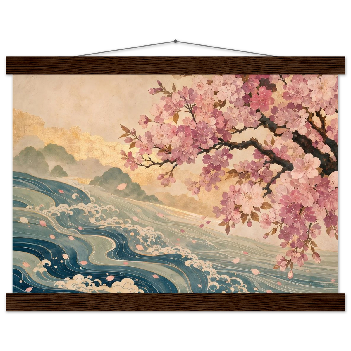 Blossom Tide: japanese art, cherry blossom and wave. Fine art poster with wooden hanger by The Light Stays.