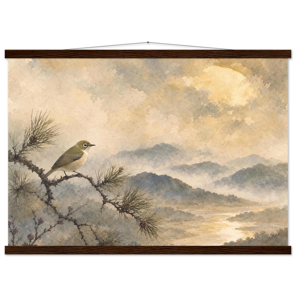 Golden Moon Bird, japanese art and japandi. Archival fine art poster shown framed.