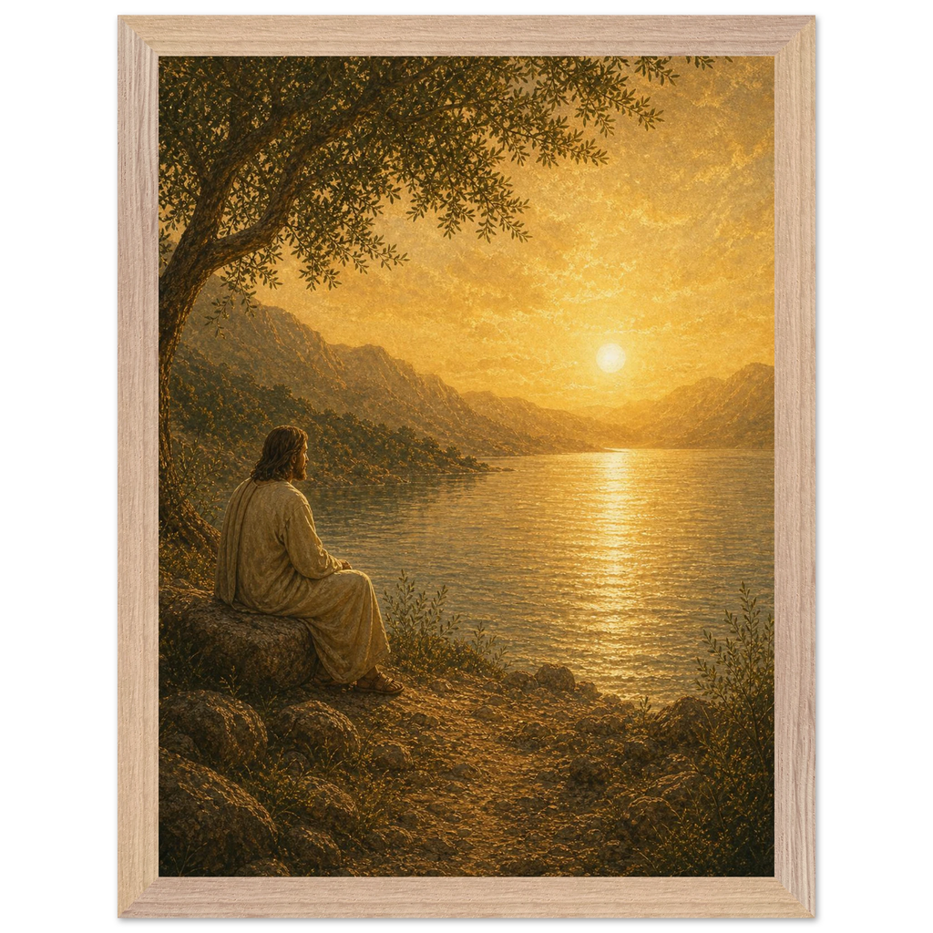 Quadro cristão Bênção do Lago, Jesus sob uma oliveira diante de um lago dourado