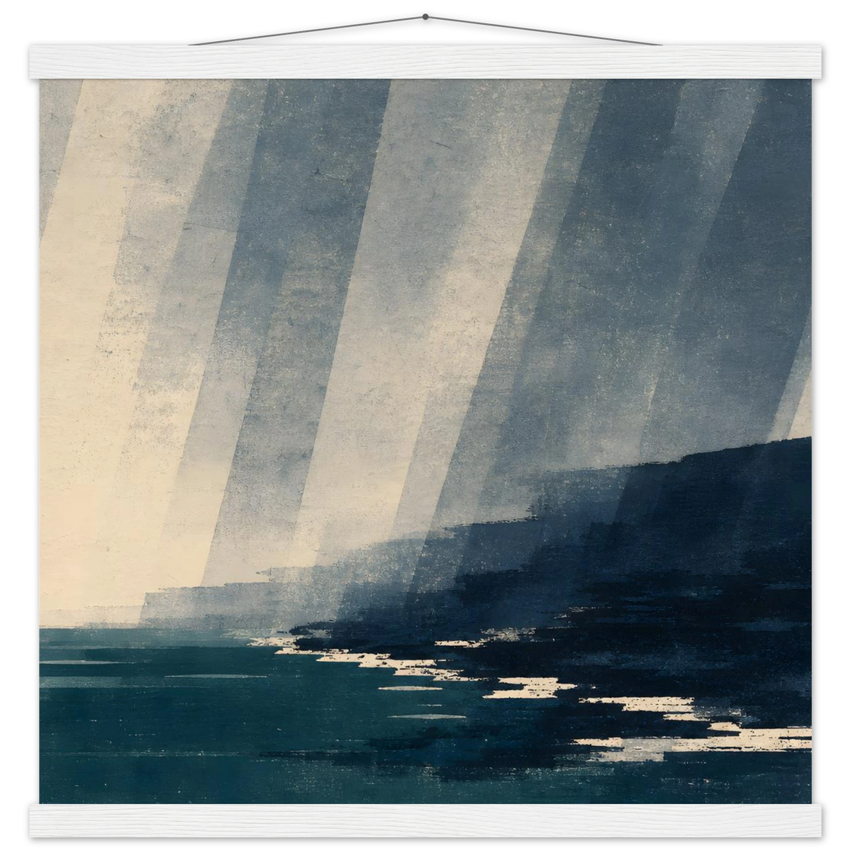 Rain Coast: japandi, teal blue and atmosphere. Fine art poster with wooden hanger by The Light Stays.