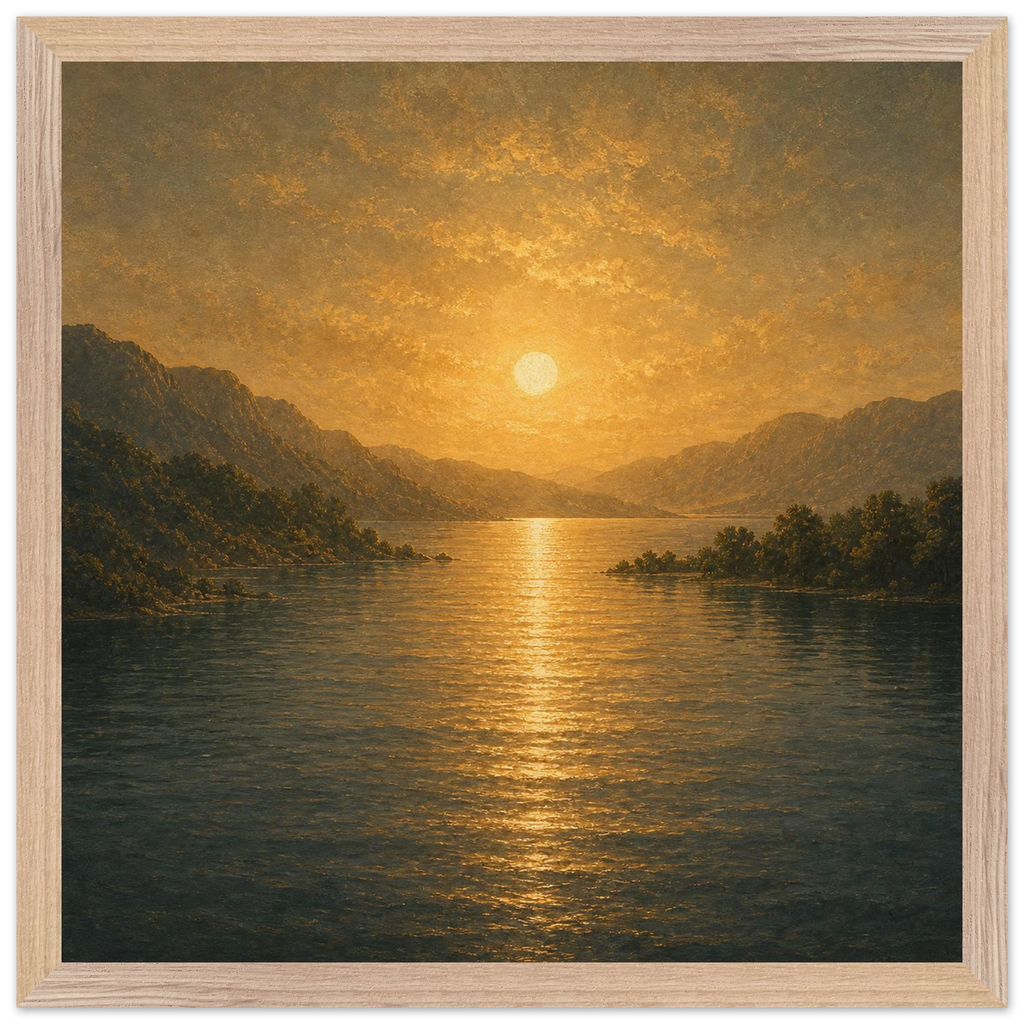 Quadro emoldurado Reflexo Dourado, lago e montanhas sob luz dourada