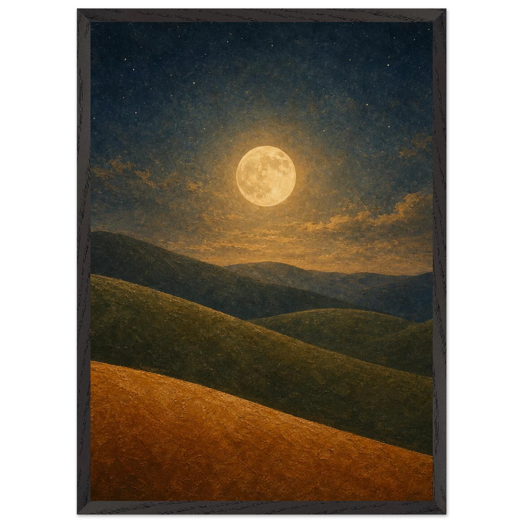 Quadro emoldurado Colinas da Lua, lua cheia sobre colinas em oliva e argila