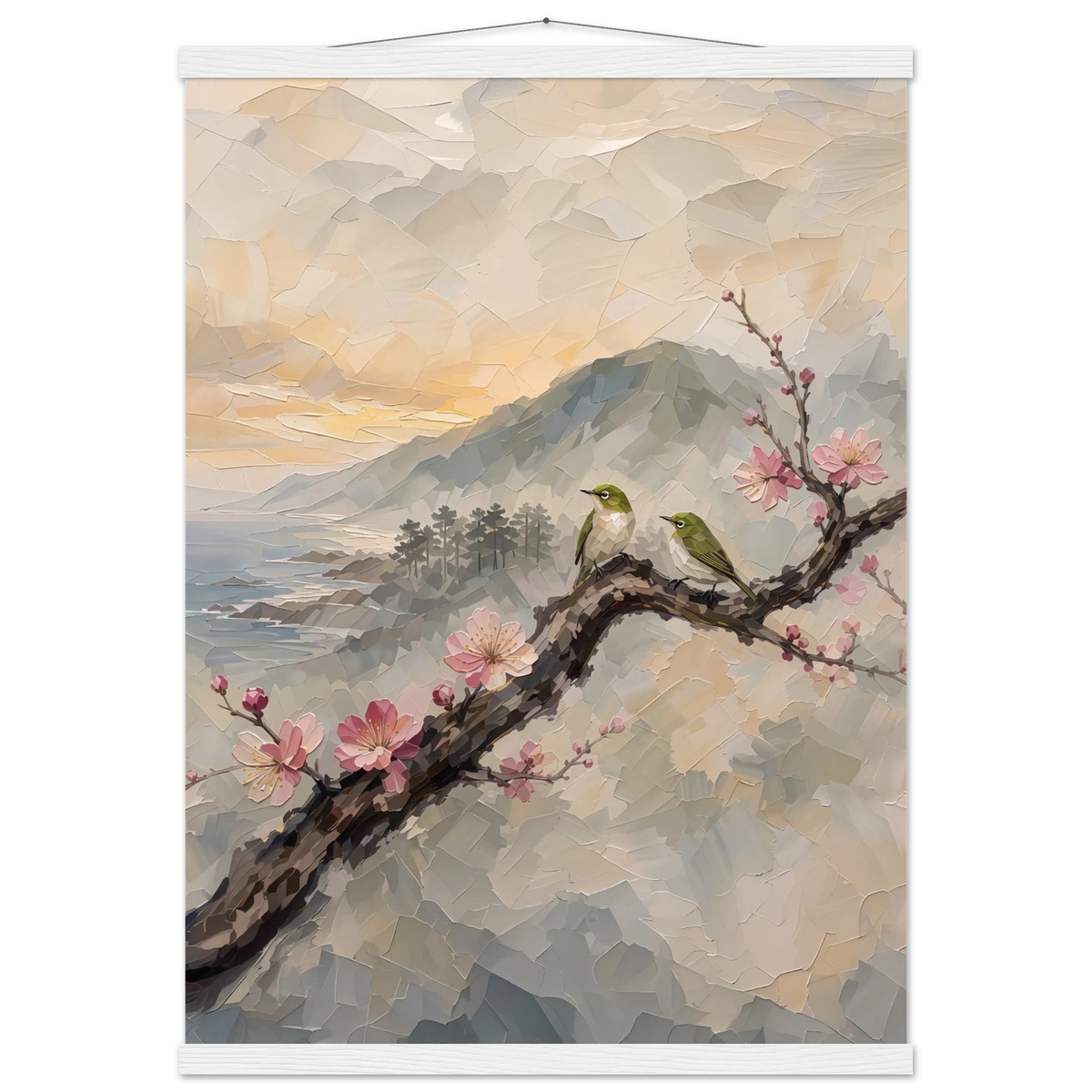 Plum Branch Pair: birds, japanese landscape and japandi. Fine art poster with wooden hanger by The Light Stays.