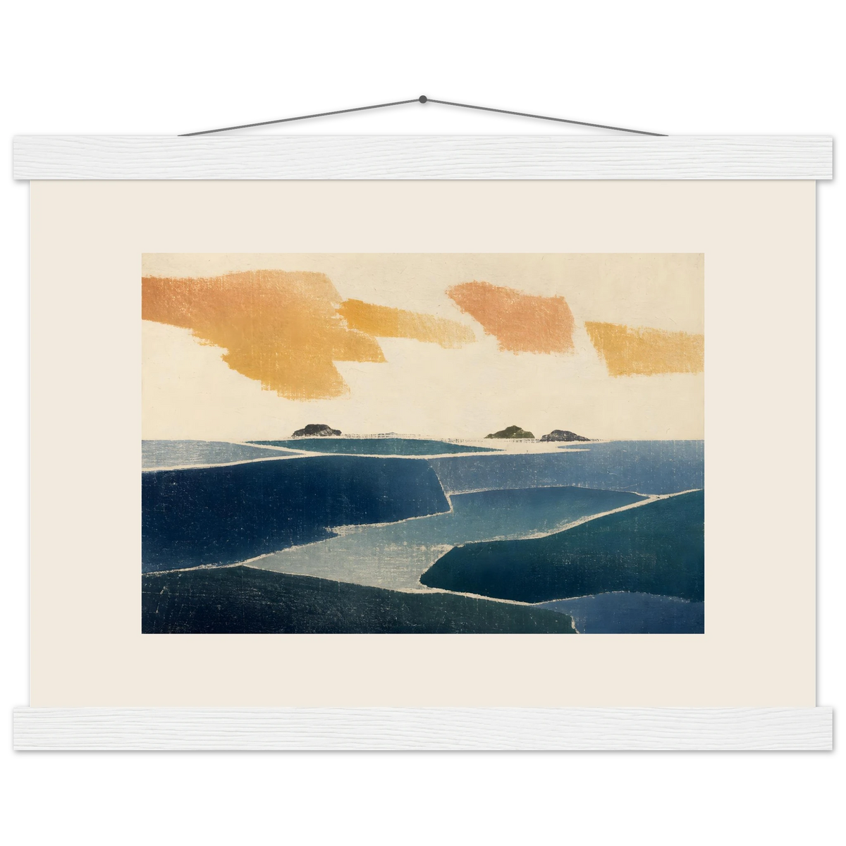 Amber and Indigo: abstract, coastline and color field. Fine art poster, alternate frame and size.