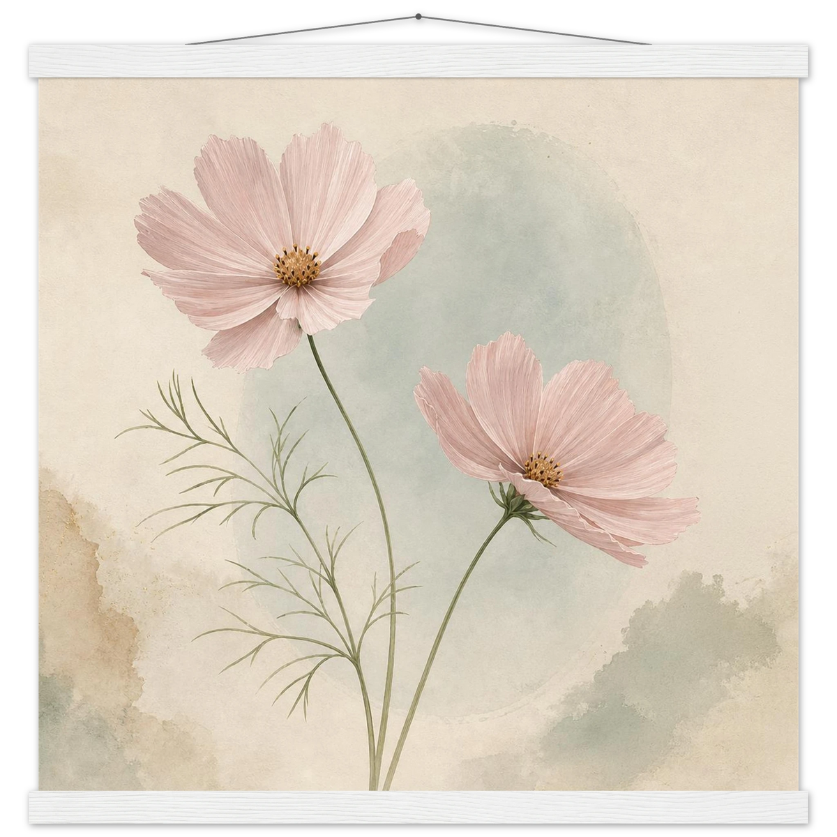 Cosmos Unison: flowers, blush and celadon. Fine art poster with wooden hanger by The Light Stays.