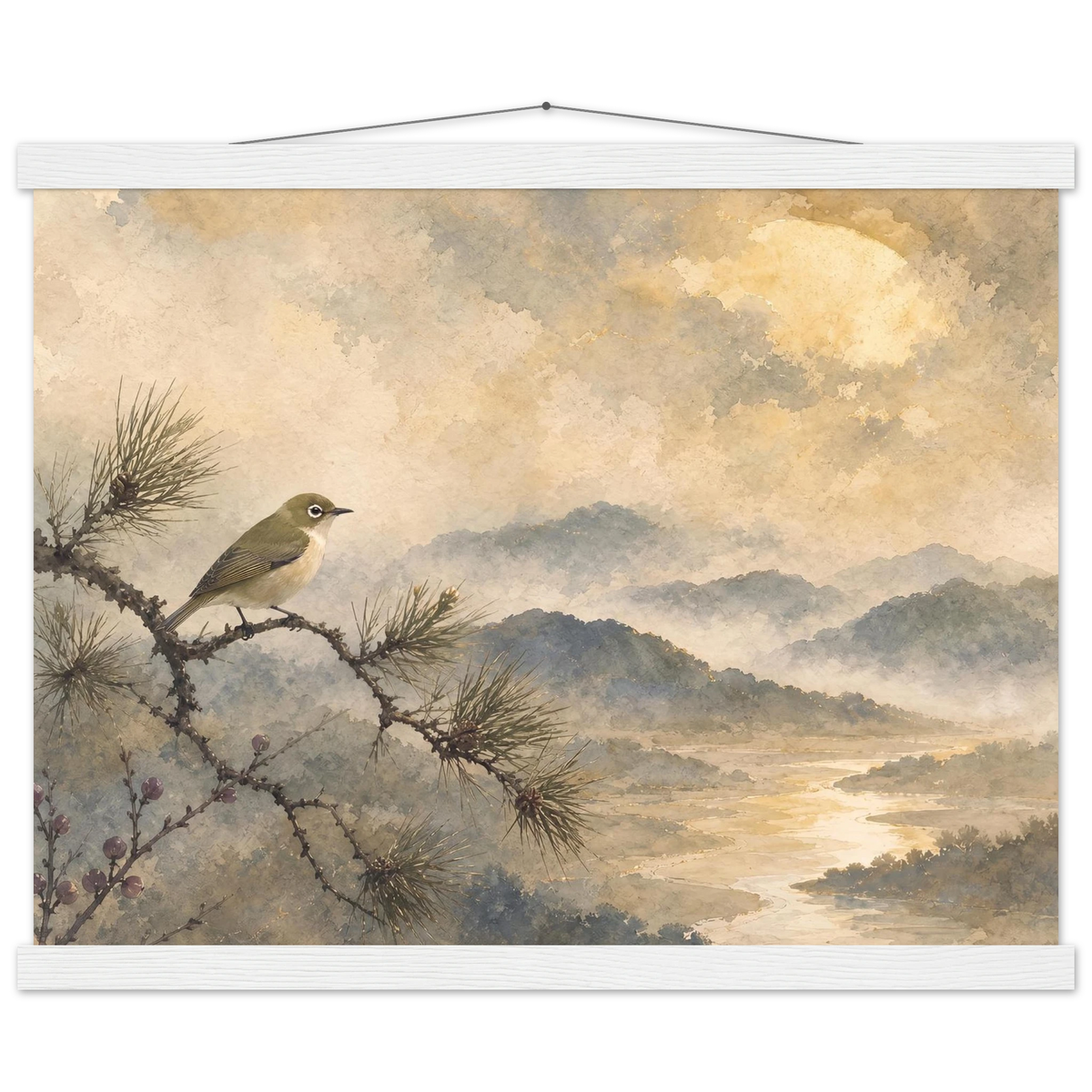 Golden Moon Bird, japanese art and japandi. Archival fine art poster shown framed.
