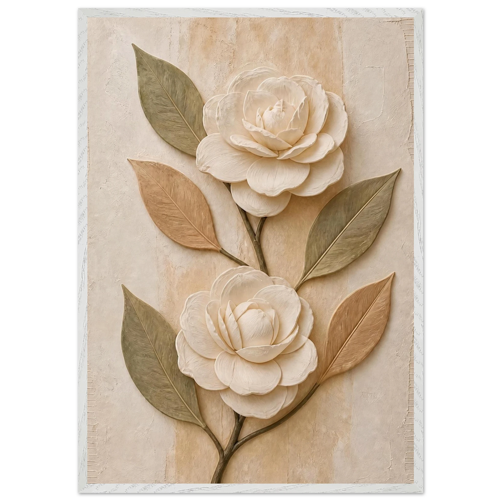 Carved Camellia: flowers and botanical. Museum-quality framed fine art print.