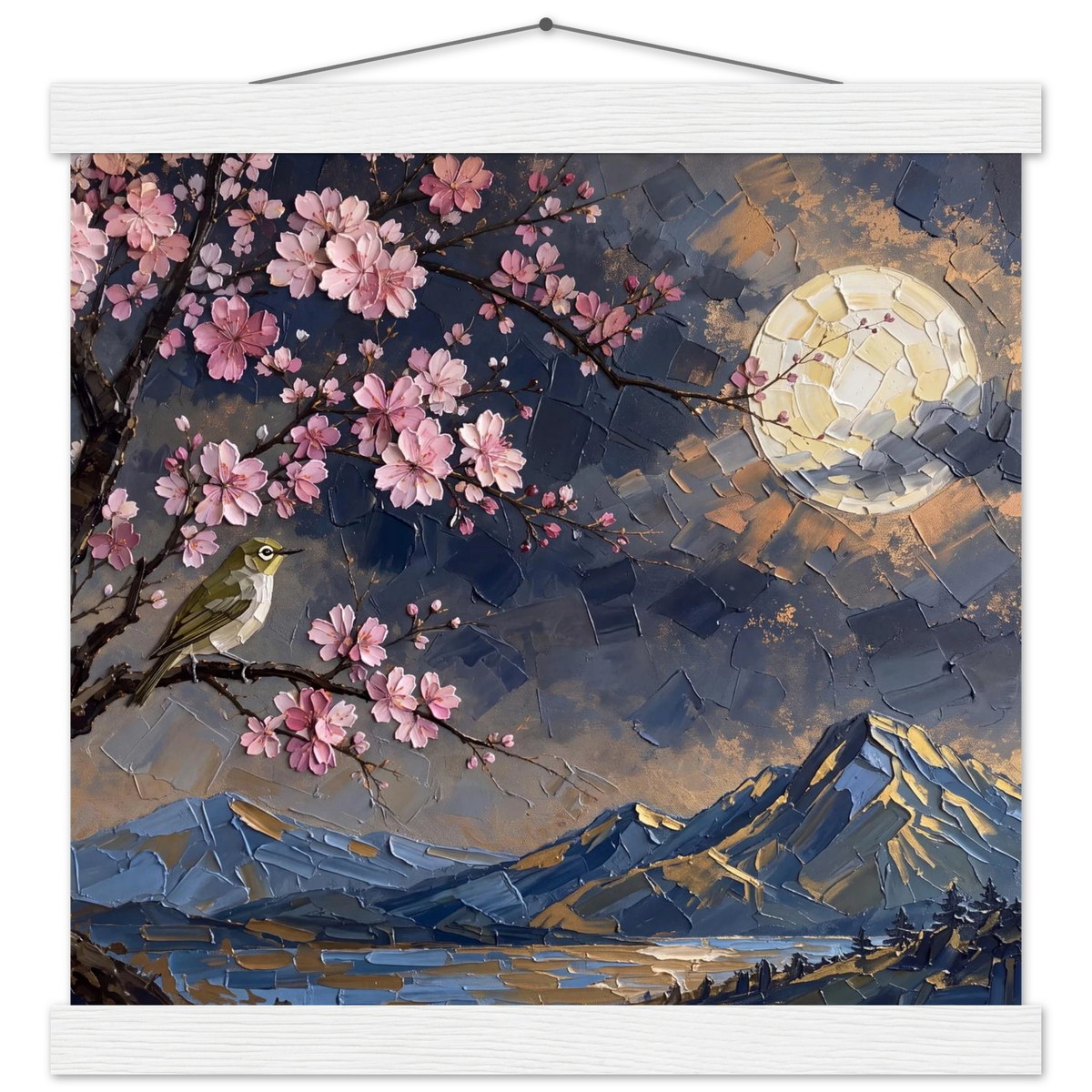 Blossom Moon: cherry blossom, japanese landscape and night. Fine art poster with wooden hanger by The Light Stays.