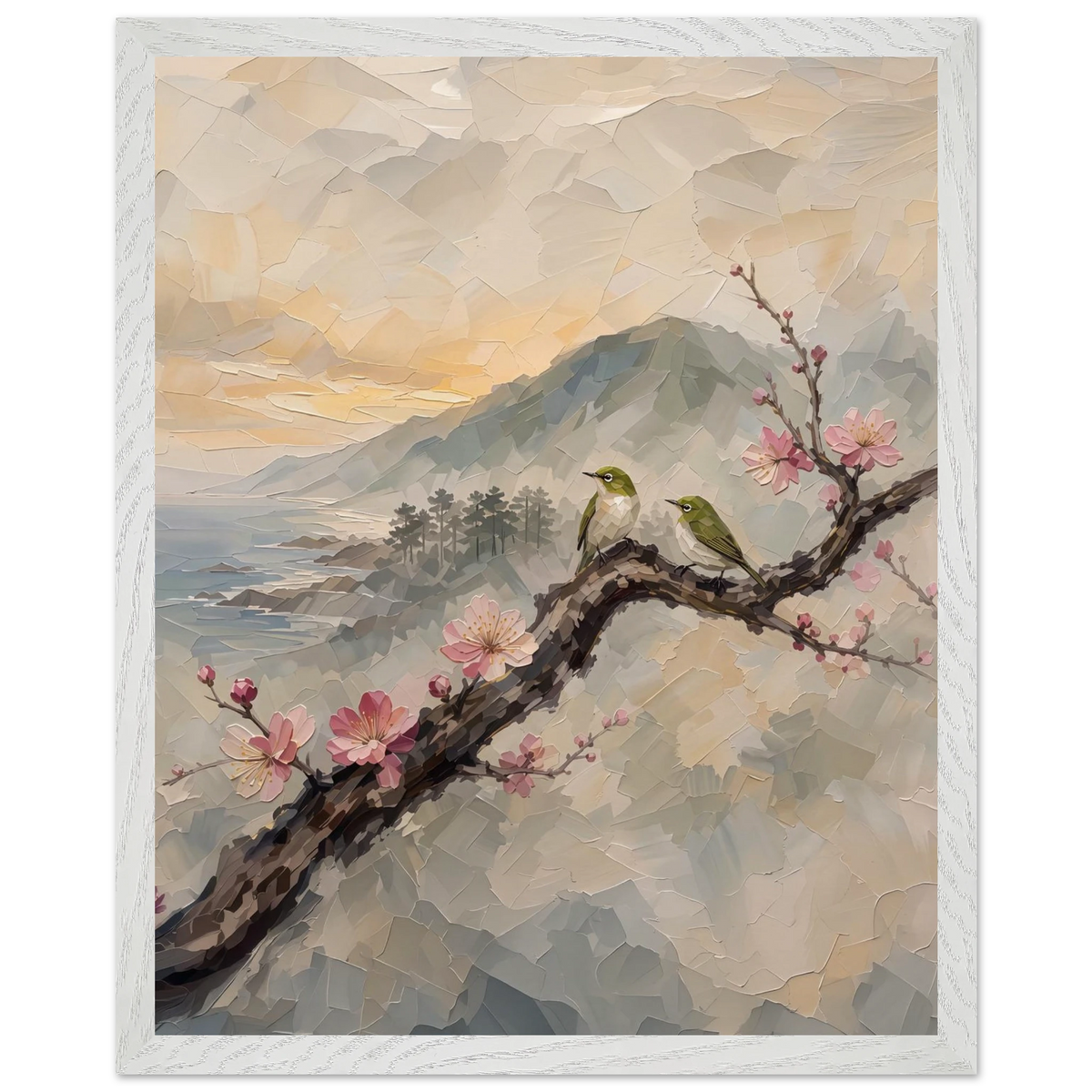 Plum Branch Pair: birds, japanese landscape and japandi. Framed fine art print by The Light Stays.