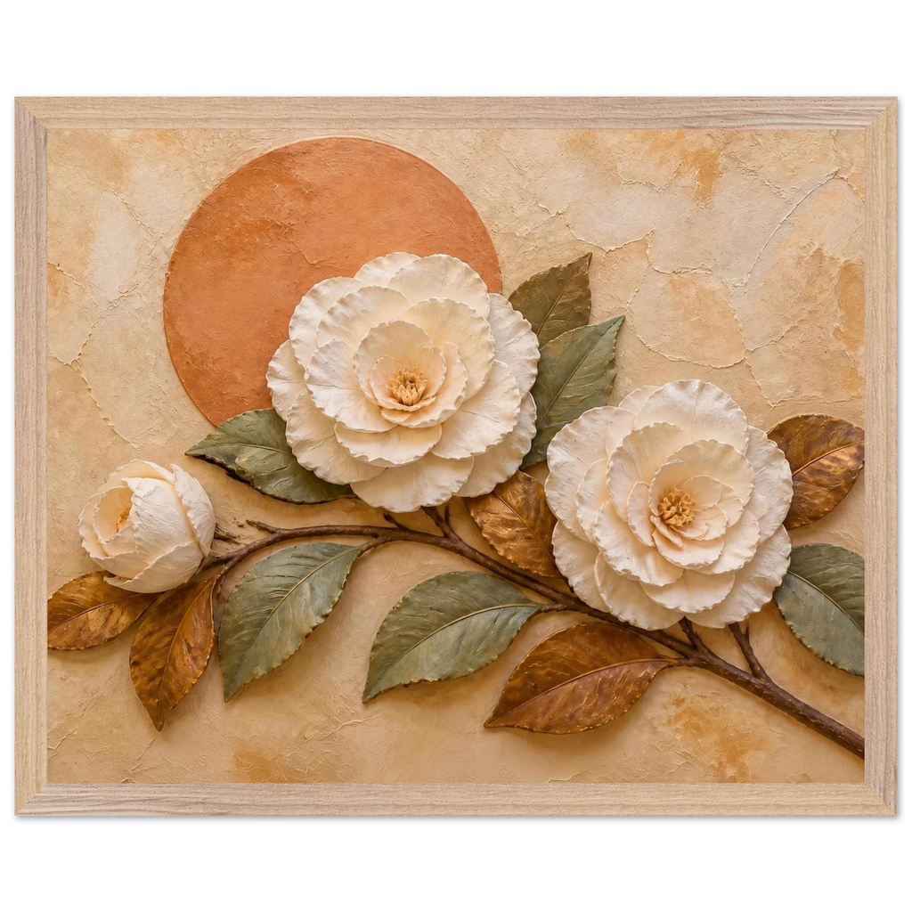 Camellia Eclipse, flowers and botanical. Archival framed fine art print shown framed.
